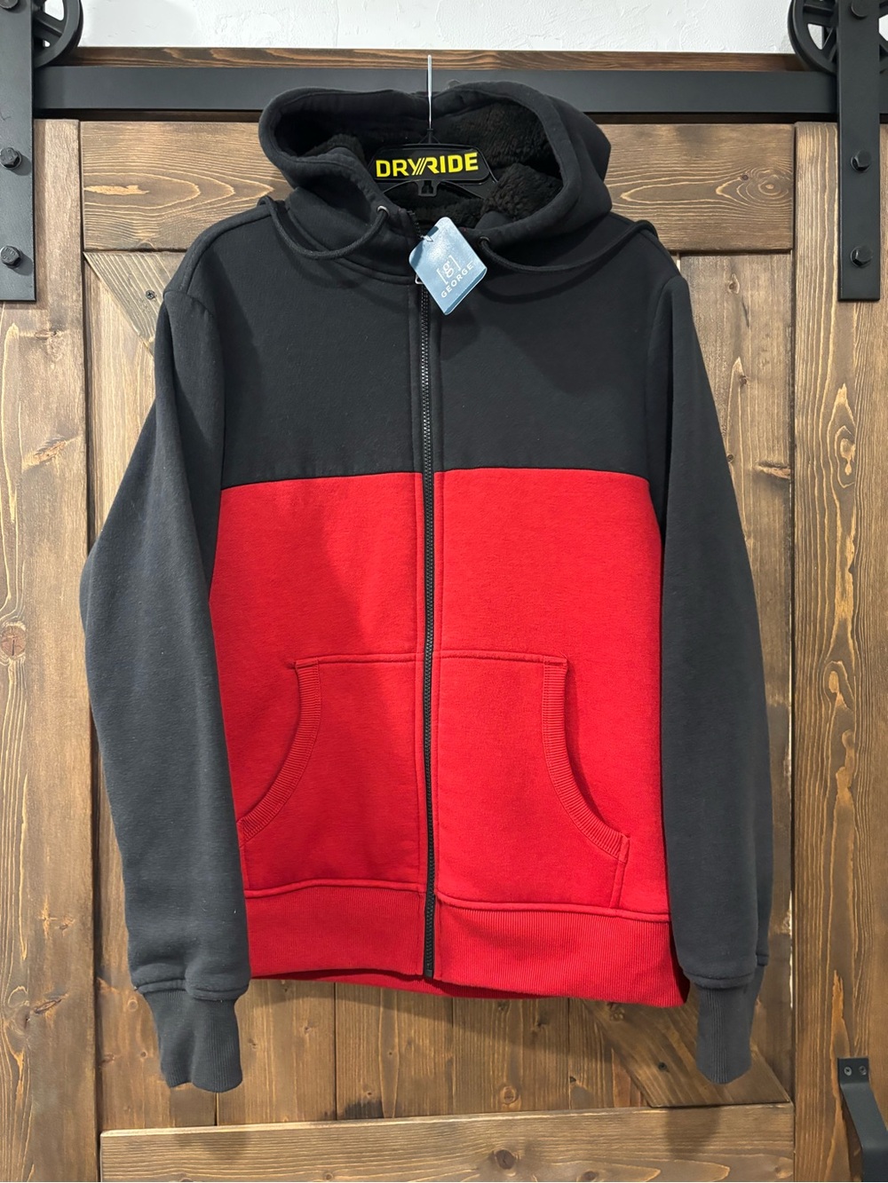George Men’s Large Sherpa Lined Full Zip Hoodie Black Red